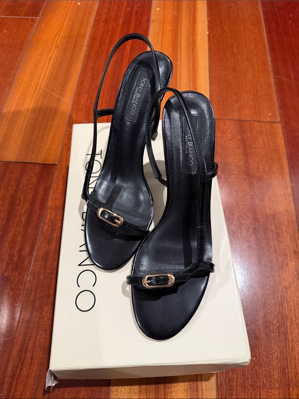 Tony Bianco Black Leather Slingback Heels with Gold Buckle
